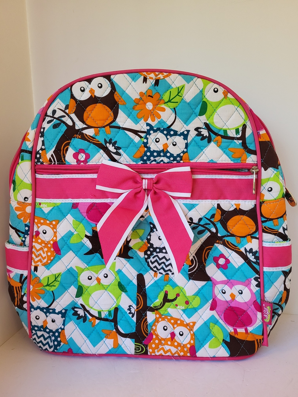 N.Gil Owl Quilted Backpack Sling Bag with Pink Bow